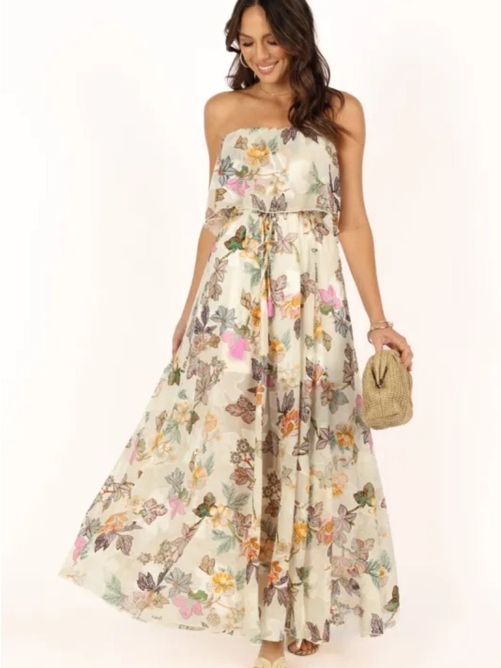 Aakaa Strapless Floral Maxi Dress in Ivory with Pink & Yellow Accents
